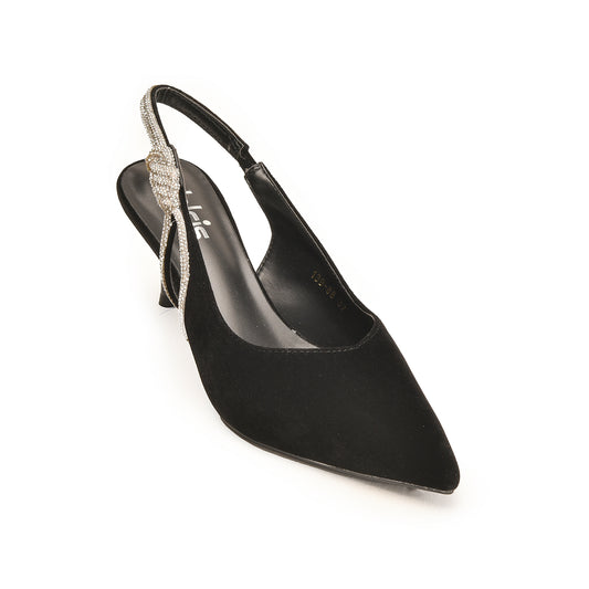 Black Glitter Court Heels with Bow Detail | 477N-C