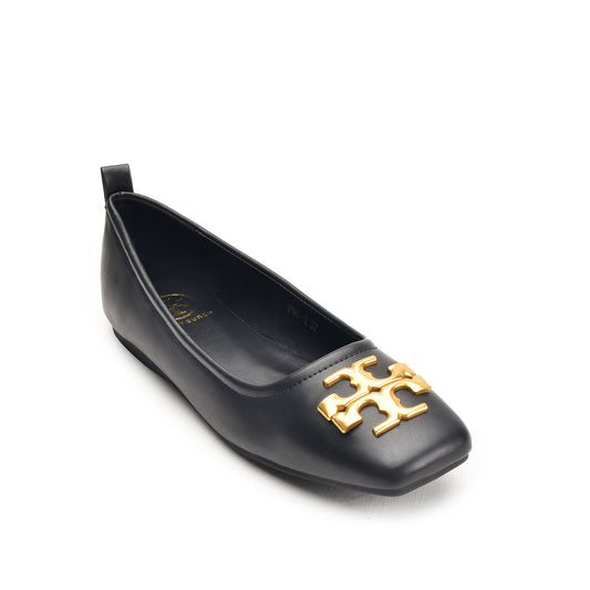 Tory Burch Black Flat Pump with Gold Logo | 494N-C
