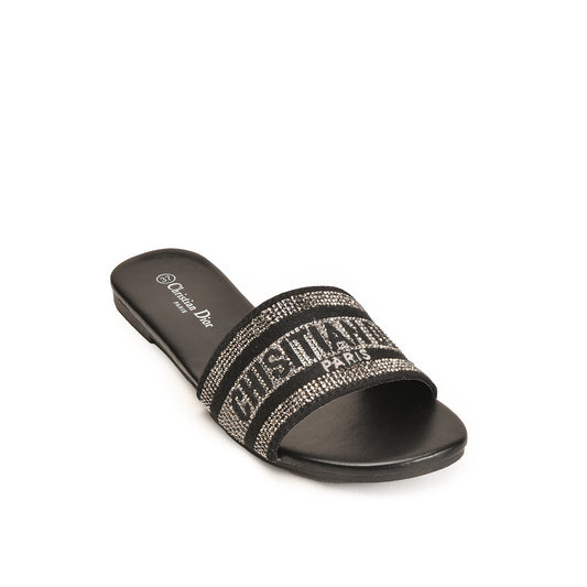 Black Embellished Slip-On Flats for Women Slippers | 566L-C