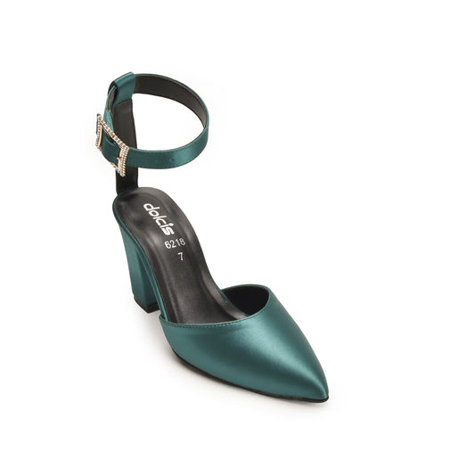 Emerald Satin Block Heels with Buckle Strap | 460N-K Dolcis