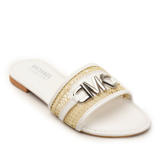 White & Beige Textured Slide Flats Slippers| 521M-W