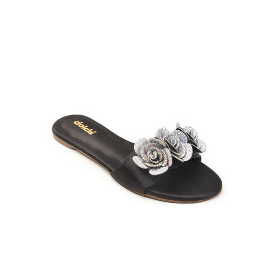 Black Flat Sandals with Glitter Flower Slippers | 518M-C