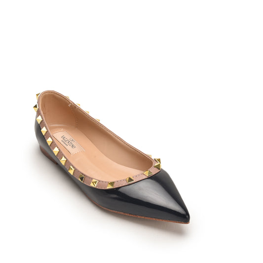 Black Pointed Toe Flats with Gold Studs Pump | 481N-C