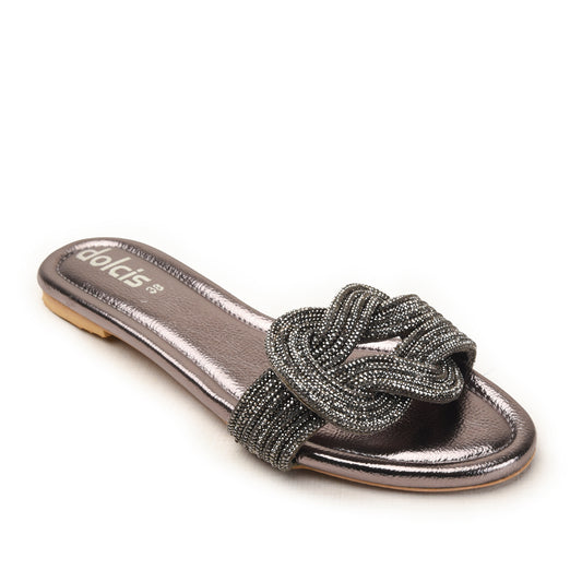 Gunmetal Flats with Textured Bow Strap Slippers | 562L-G