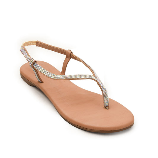 Nude T-Strap Flats with Rhinestones Slippers | 221H-F