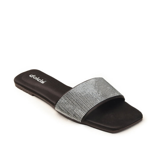 Black Flats with Silver Embellished Strap Slippers| 594L-C