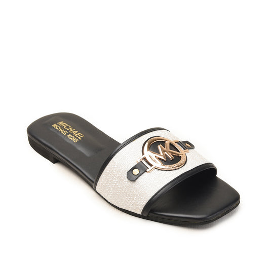 Black & White Slip-On Flats with MK Emblem Slippers| 532M-C