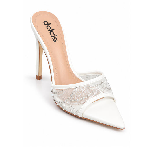 White Textured Pencil Heel Sandals | 507N-W