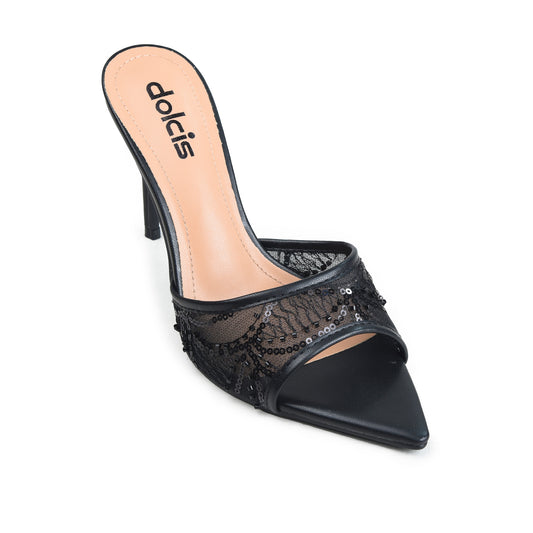 Black Textured Pencil Heel Sandals | 507N-C