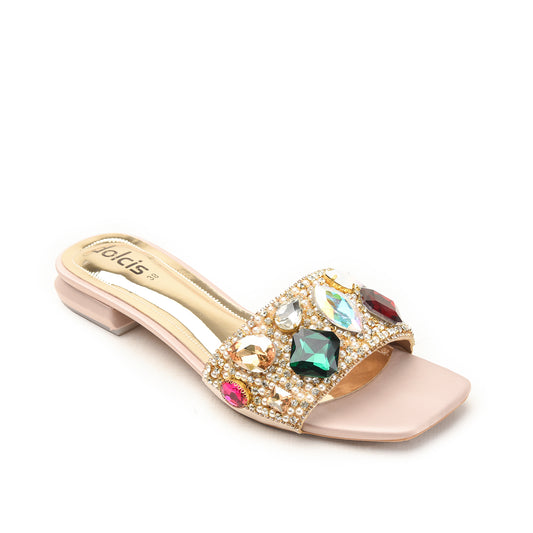 Gold Transparent Strap Flats with Gemstone Detail Slippers| -F