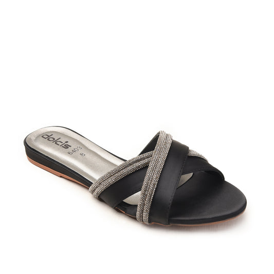 Black Criss-Cross Flats with Glitter Strap Slippers | 516M-C