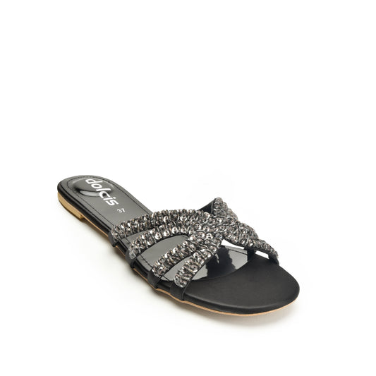 Chic Black Embellished Flats Slippers | 585J-C