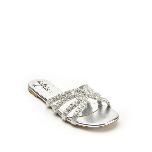 Chic Silver Embellished Flats Slippers | 585J-S