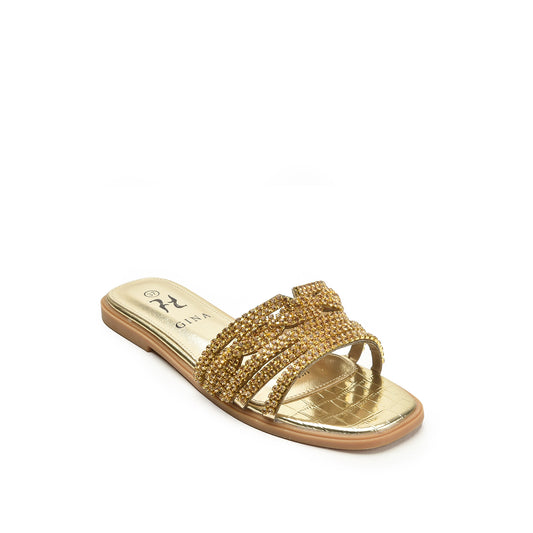 Glamorous Gold Beaded Flats Slippers | 501L-X