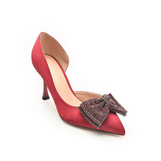 Red Satin Rhinestone Bow Heels | 452N-M