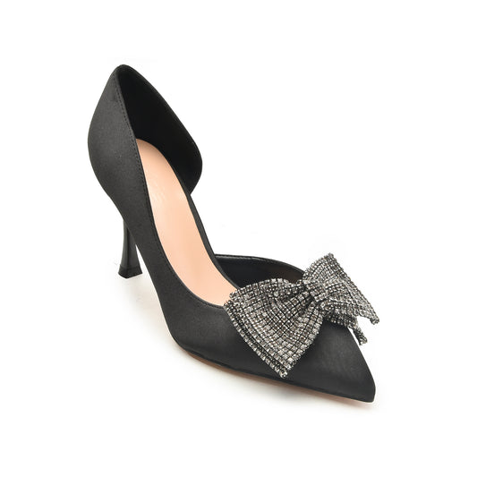 Black Satin Rhinestone Bow Heels | 452N-C