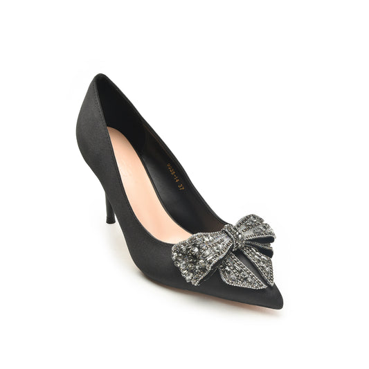 Black Satin Rhinestone Bow Heels | 453N-C