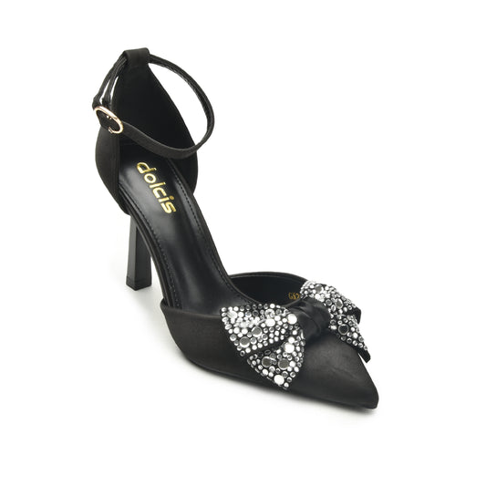 Chic Black Satin Heels with Rhinestone Bow | 441N-C