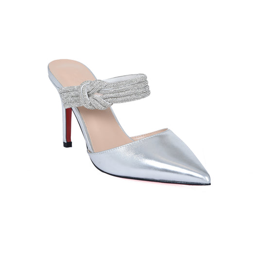 Shiny Silver Satin Mules with Embellished Knot | 494L-S