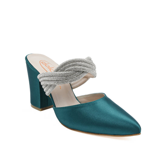 Teal Satin Block Heels with Twisted Strap | 497L-K