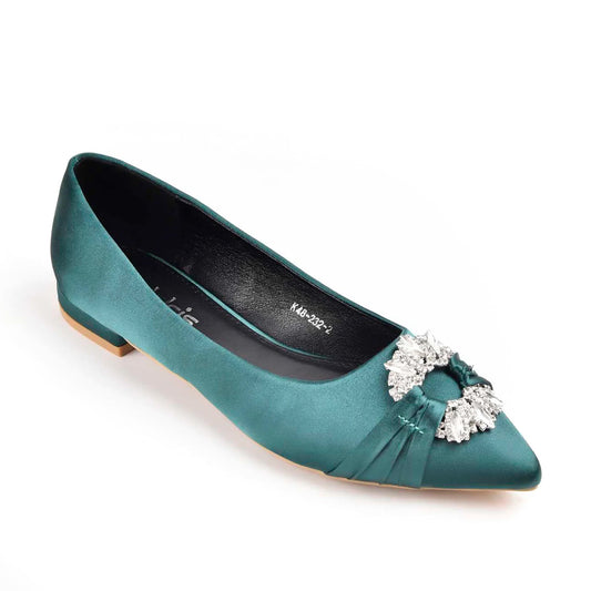 Chic Teal Satin Flats with Crystal Embellishment Slippers | 468M-K