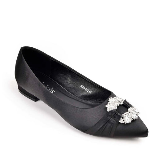 Elegant Black Satin Flats with Crystal Embellishment Slippers | 468M-C