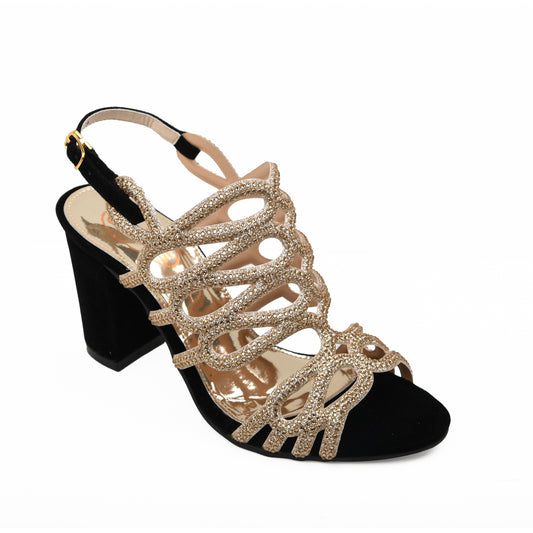 Elegant Black Block Heel Sandals with Gold Strappy Design | 264C-C