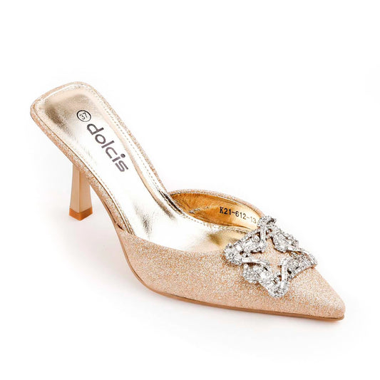 Luxurious Gold Glitter Mules with Crystal Embellishment | 466M-X
