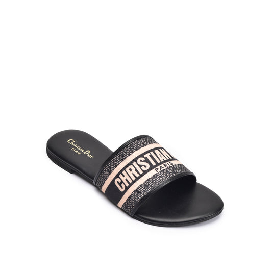 Trendy Black Slip-On Slippers with Logo Strap Slippers| 597J-C