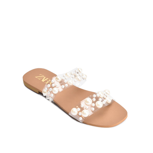 Elegant White Flats with Pearl Embellishments Slippers | 519K-W