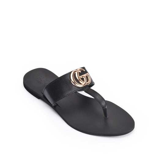 Sleek Black Leather Flats Slippers | 716R-C