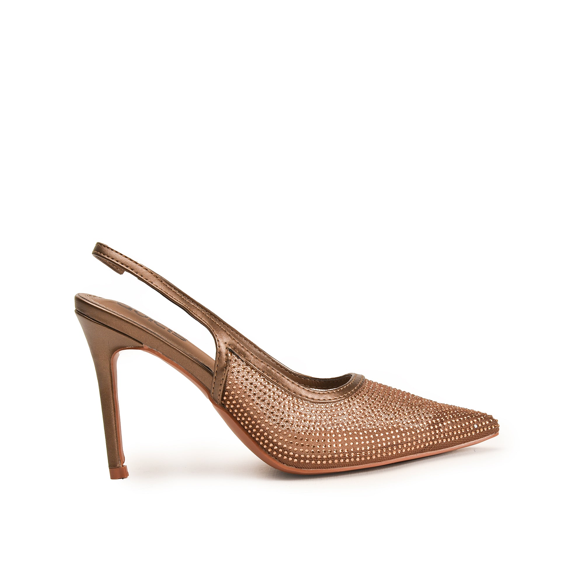 A pair of brown, textured, pencil heel sandals.