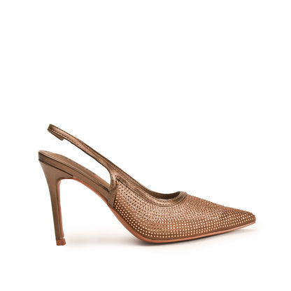 A pair of brown, textured, pencil heel sandals.
