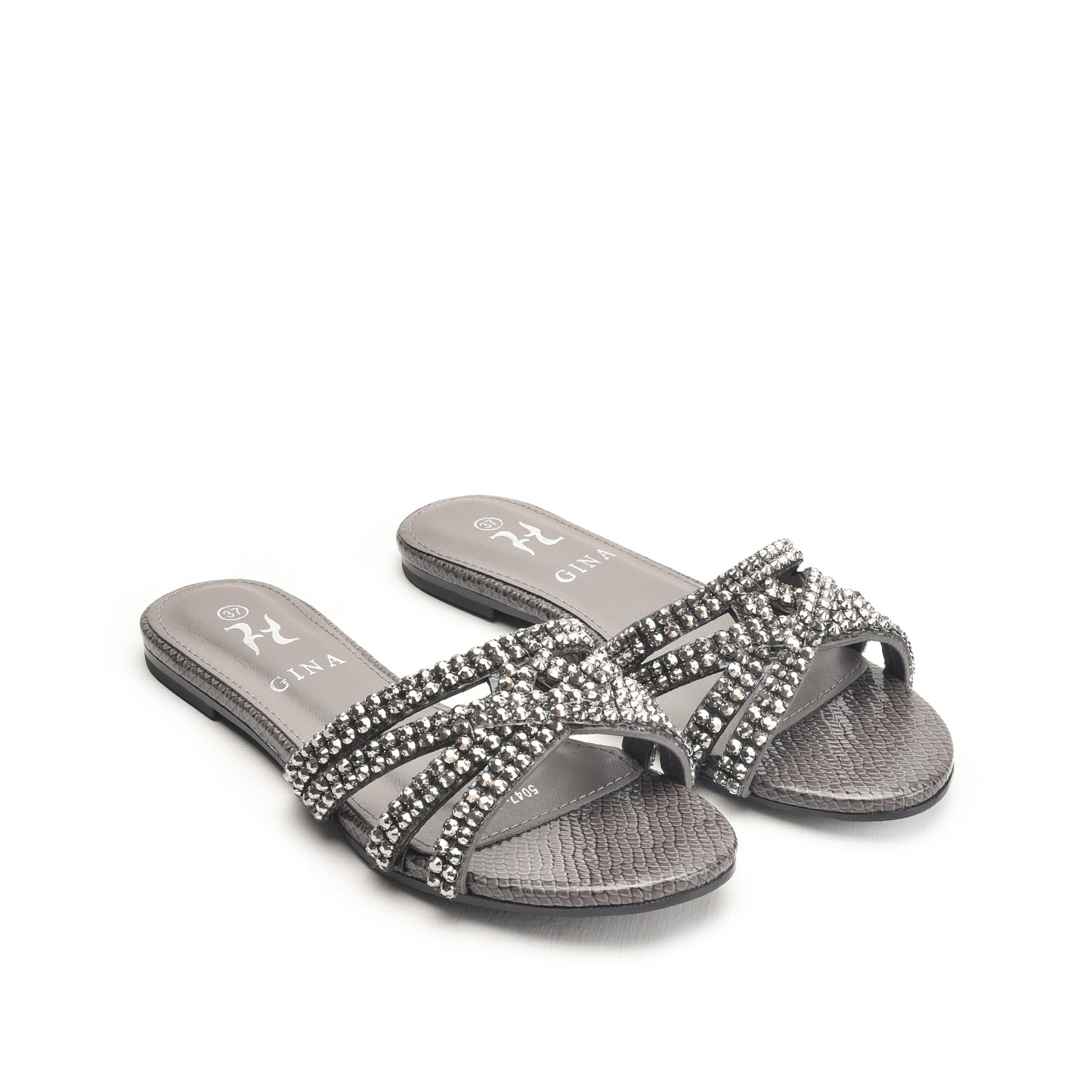 Grey Embellished Flat Sandals for Women Slippers | 582L-G
