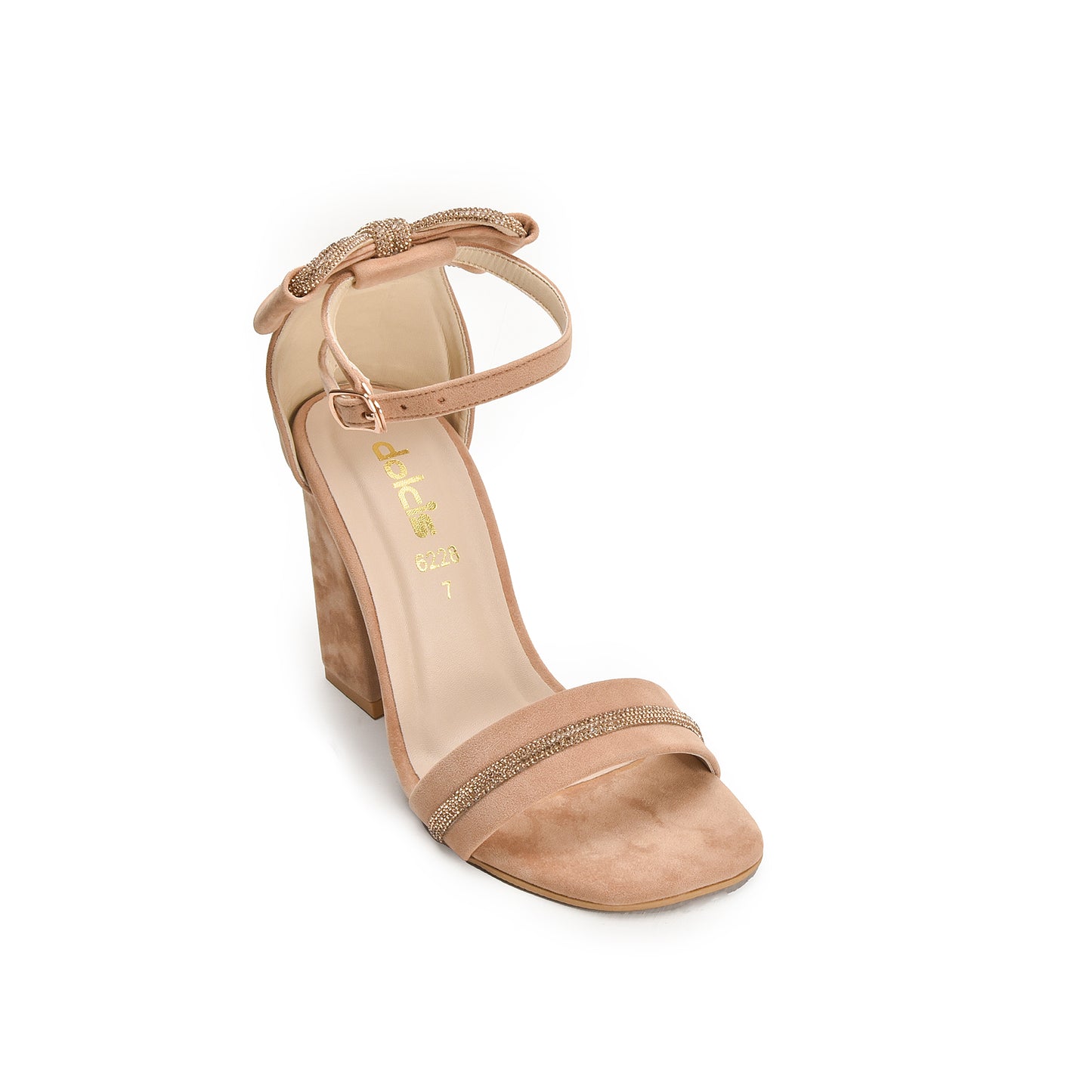 Beige Block Heels with Ankle Strap and Crystal Detail | 295G-F