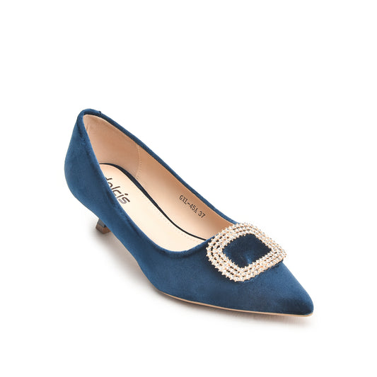 Navy Blue Kitten Heels with Embellished Buckle | 496N-Q