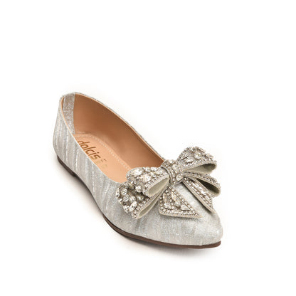 Silver Embellished Bow Flats for Women | 466N-S