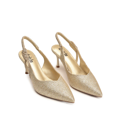 Golden Glitter Court Heels with Bow Detail | 477N-X