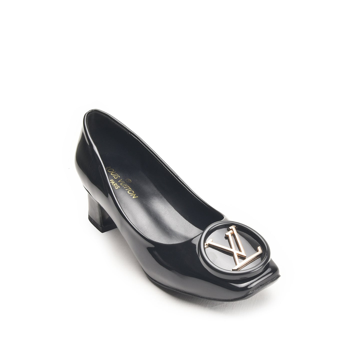 Black Block Heel Pumps with Gold Buckle | 491N-C