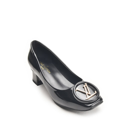 Black Block Heel Pumps with Gold Buckle | 491N-C