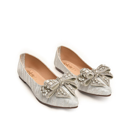 Silver Embellished Bow Flats for Women | 466N-S