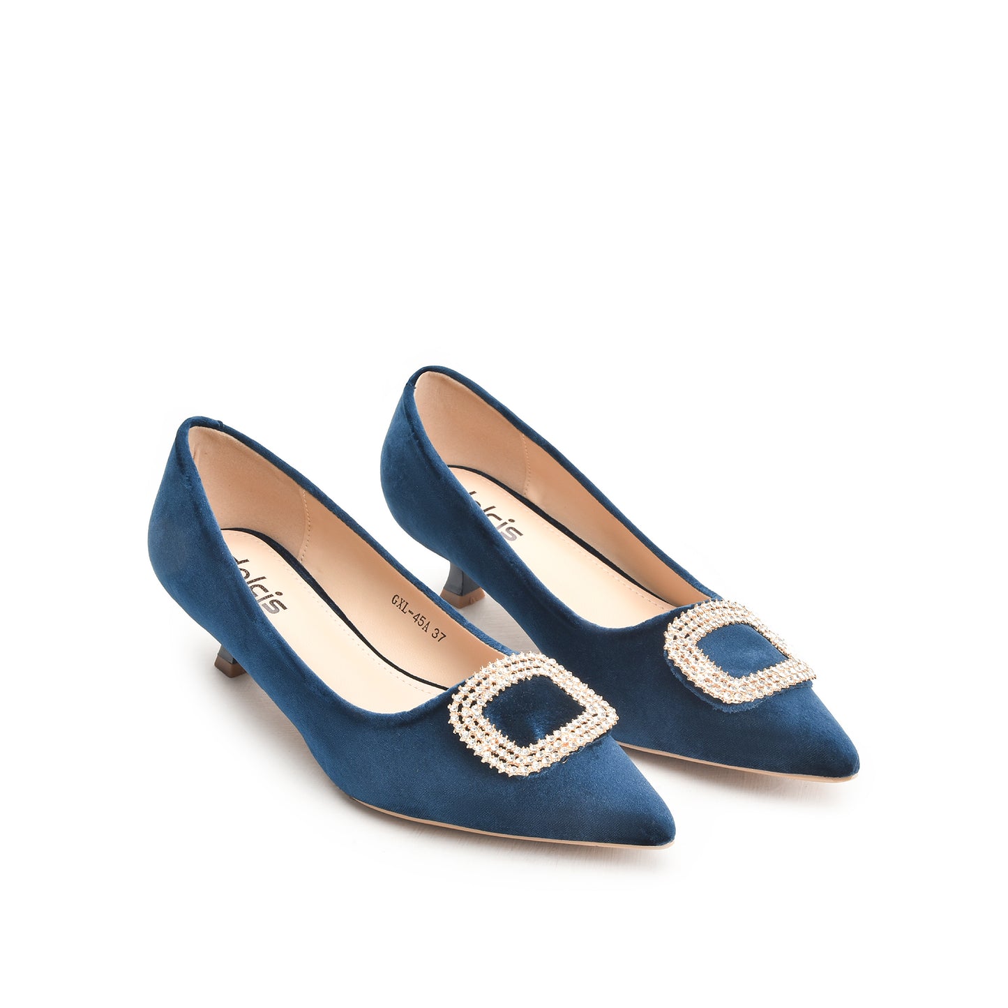 Navy Blue Kitten Heels with Embellished Buckle | 496N-Q