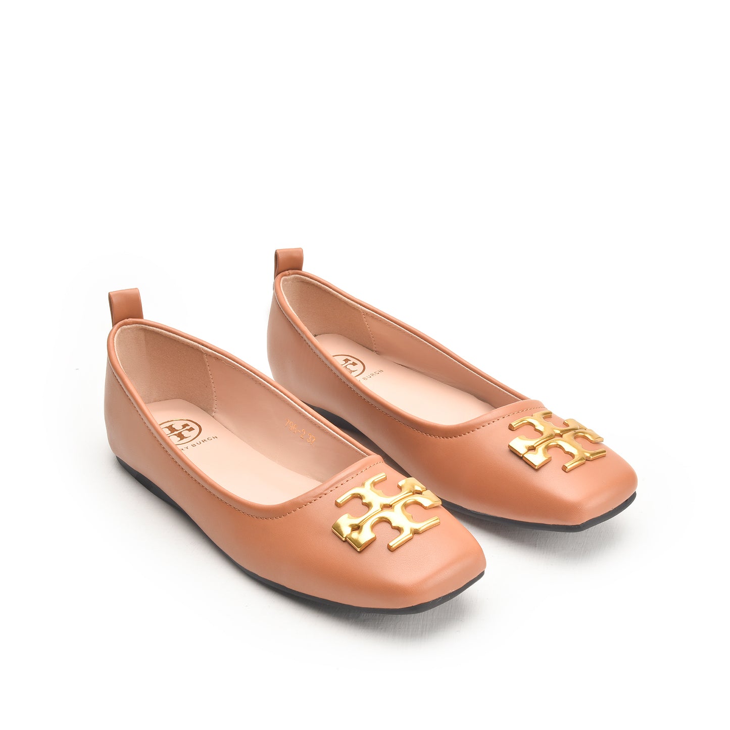 Tory Burch Brown Flat Pumps with Gold Logo | 494N-F