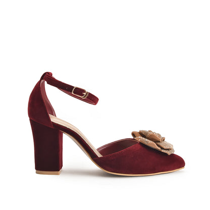 Maroon Block Heels with Golden Rose | 459N-M Dolcis