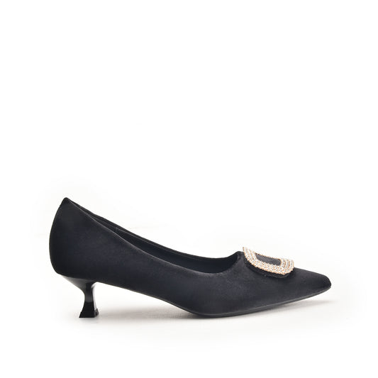Black Kitten Heels with Embellished Buckle | 496N-C