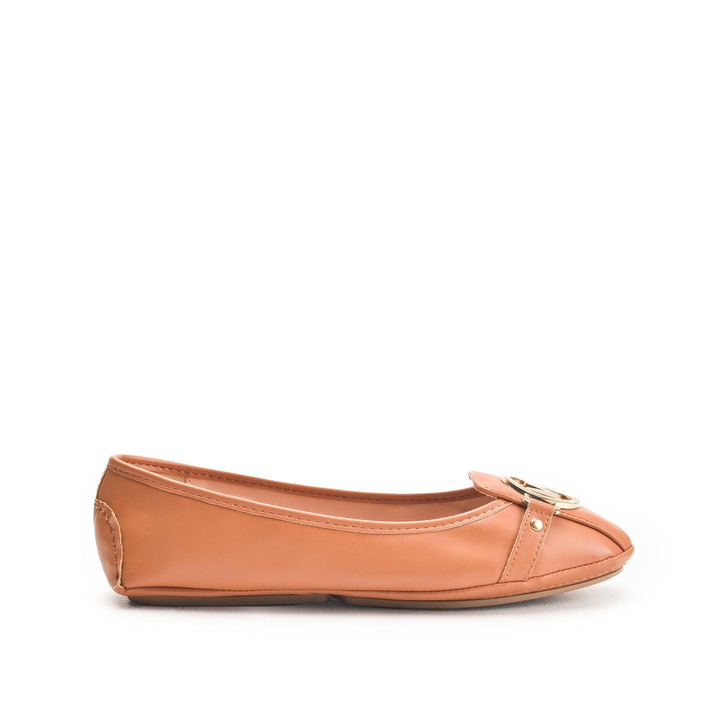 Tan Ballet Flats with Gold Buckle Pumps  | 493N-F