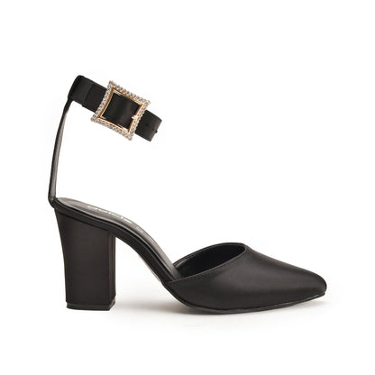 Classic Black Satin Block Heels with Buckle Strap | 460N-C Dolcis