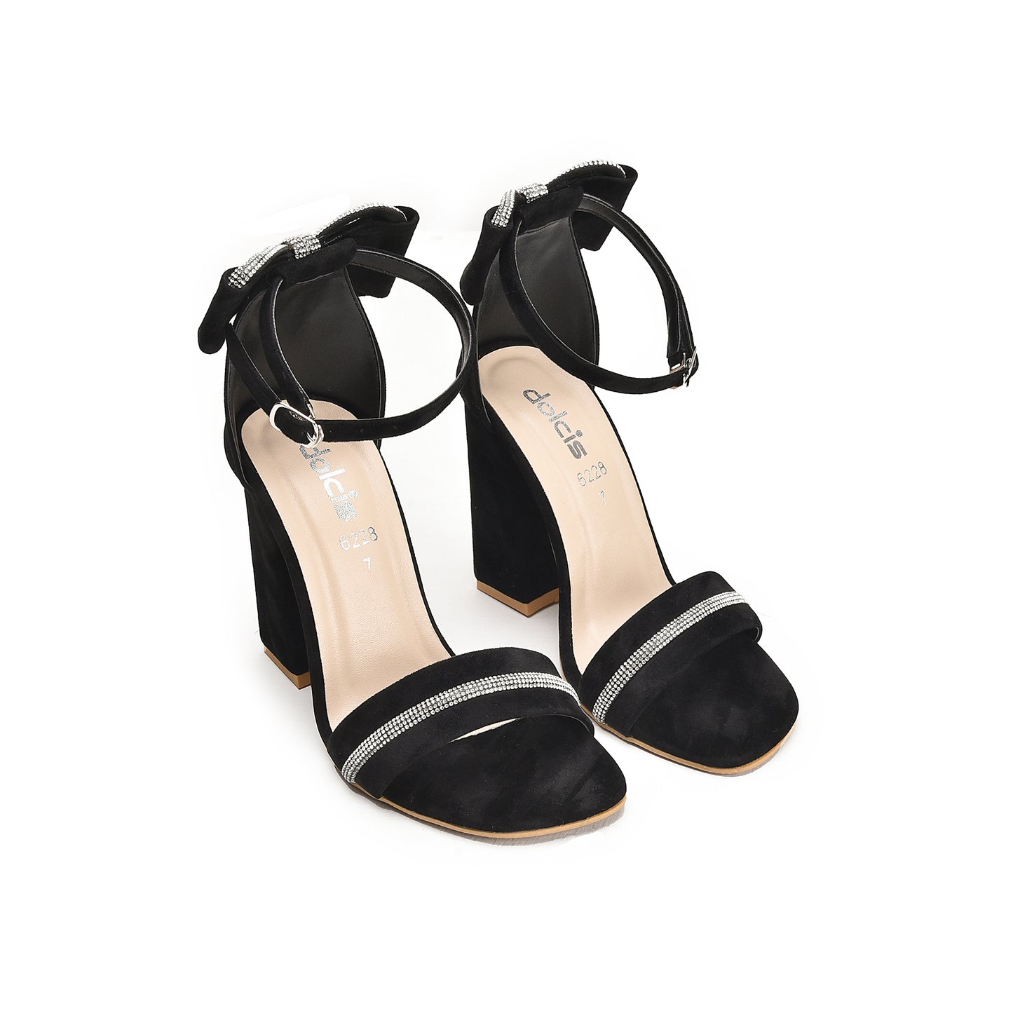 Black Block Heels with Ankle Strap and Crystal Detail | 295G-C