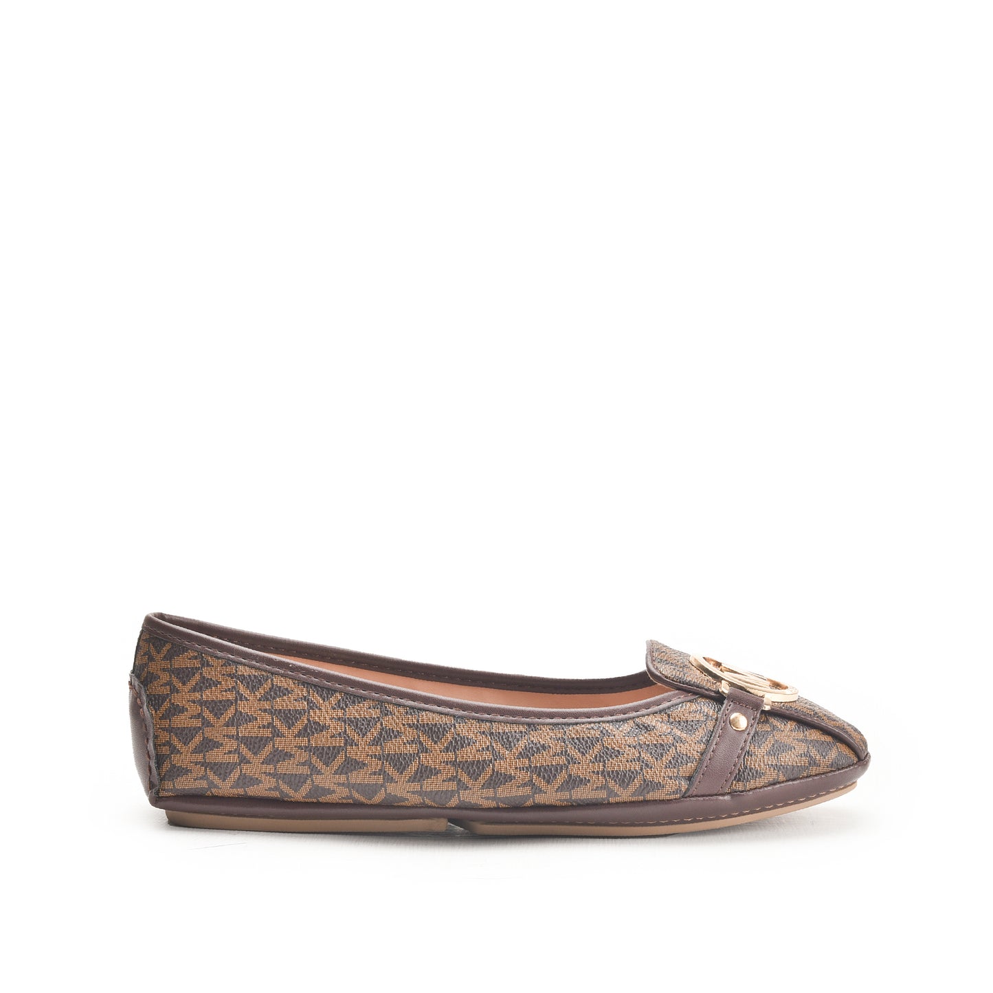A brown and beige patterned flat shoe with a tan sole.