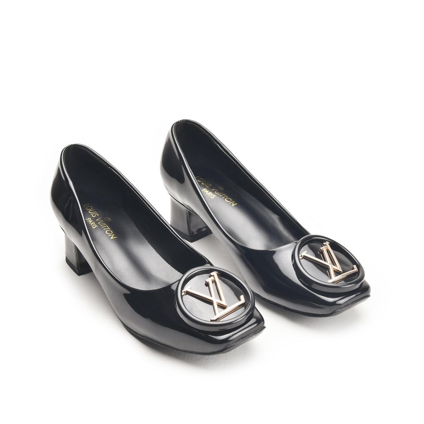 Black Block Heel Pumps with Gold Buckle | 491N-C